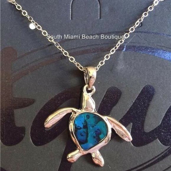 Blue Abalone Shell Sea Turtle Necklace Nautical Island Surfer Silver Plated - Picture 2 of 10